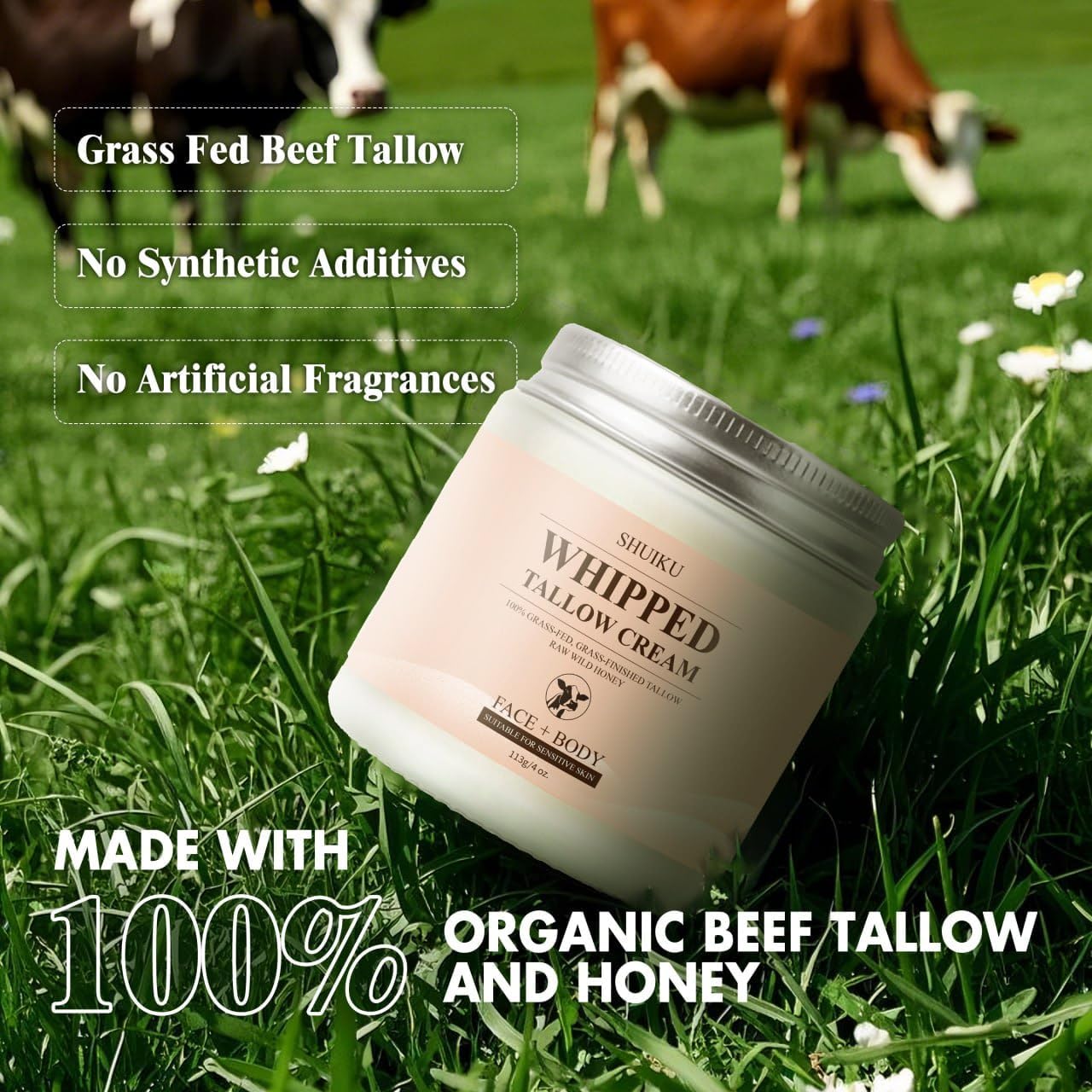 SHUIKU Beef Tallow for Skin – Organic Beef Tallow Balm & Whipped Tallow Moisturizer | Natural Tallow Face & Body Cream, Honey Balm for Nourishing Skincare