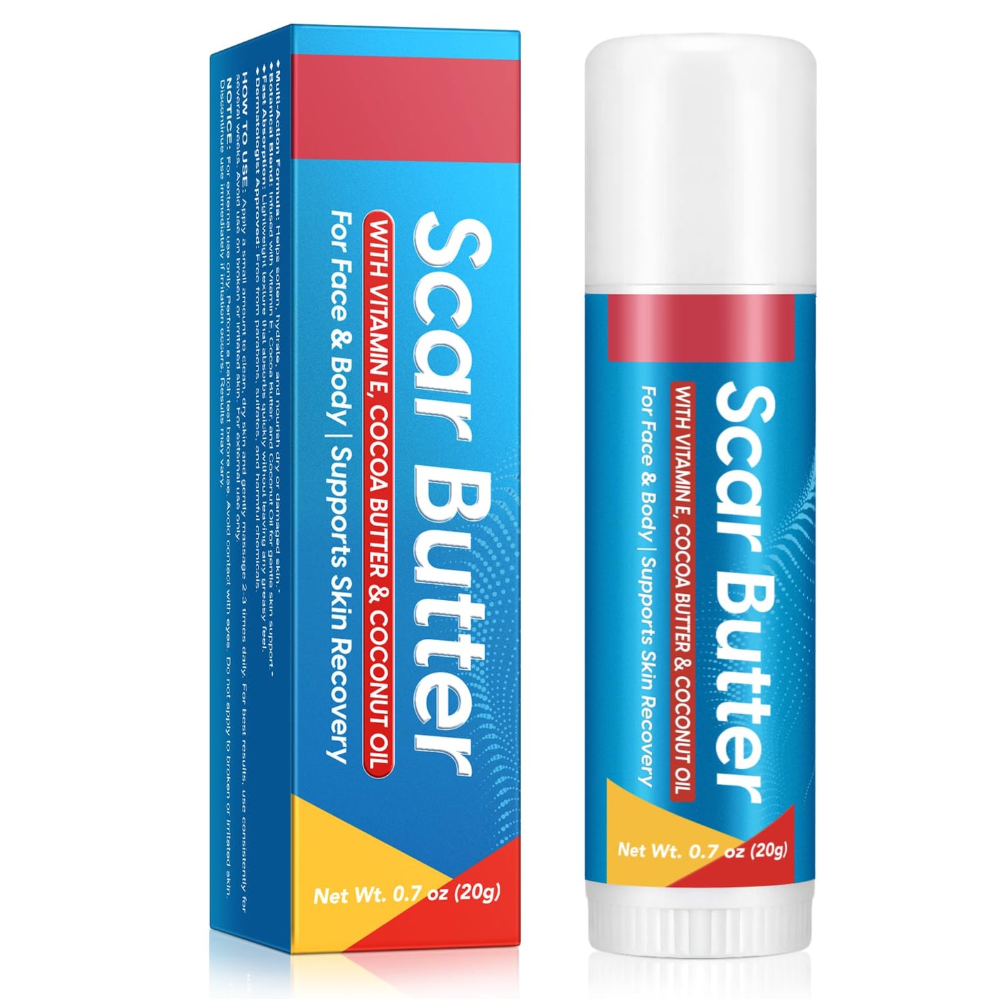 Scar Butter Stick for Scars, Cocoa Butter Stick with Vitamin E, Scars Repair Cream with 5 in 1 Smoothing Formula to Improves Texture & Discoloration, Non-Greasy