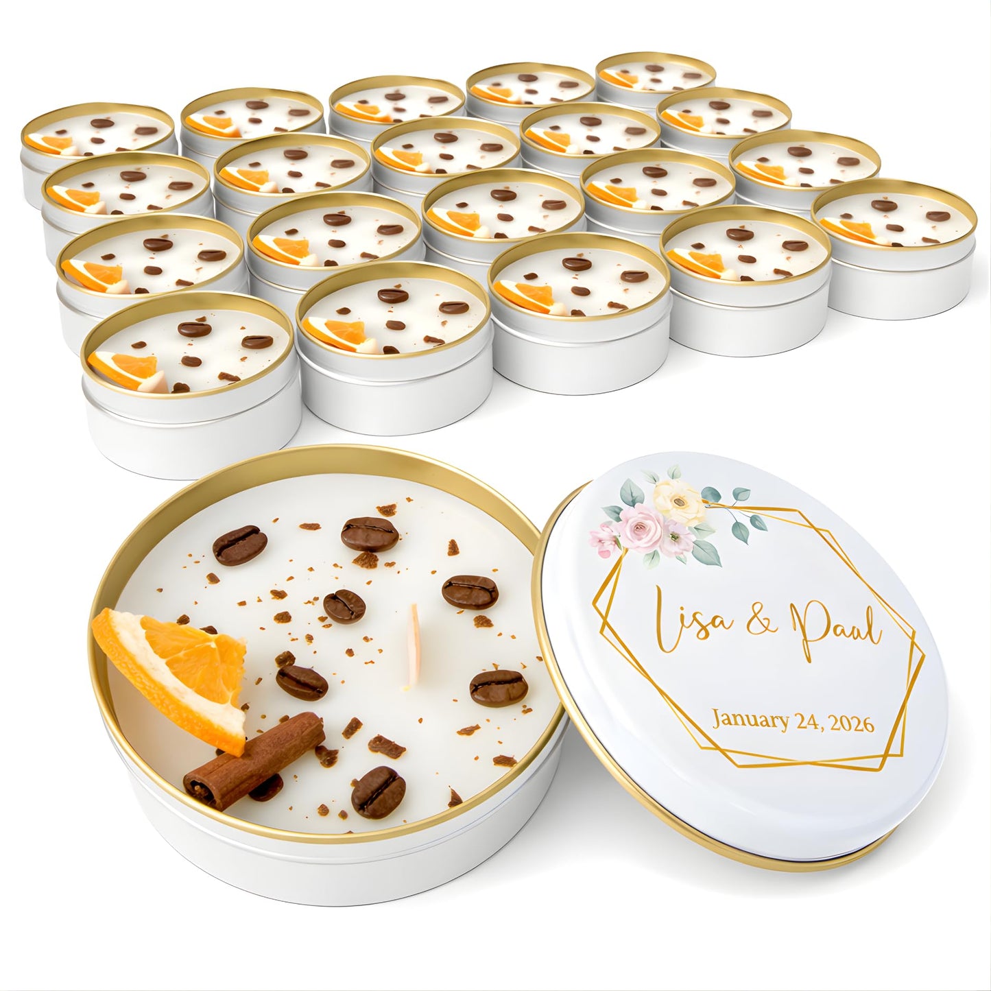 Personalized Coffee Scented Soy Wax Candle Favors with Cinnamon Stick & Dried Orange – Rustic Wedding, Bridal & Baby Shower, Birthday, Christmas Event Gifts (10–200 Bulk Available)