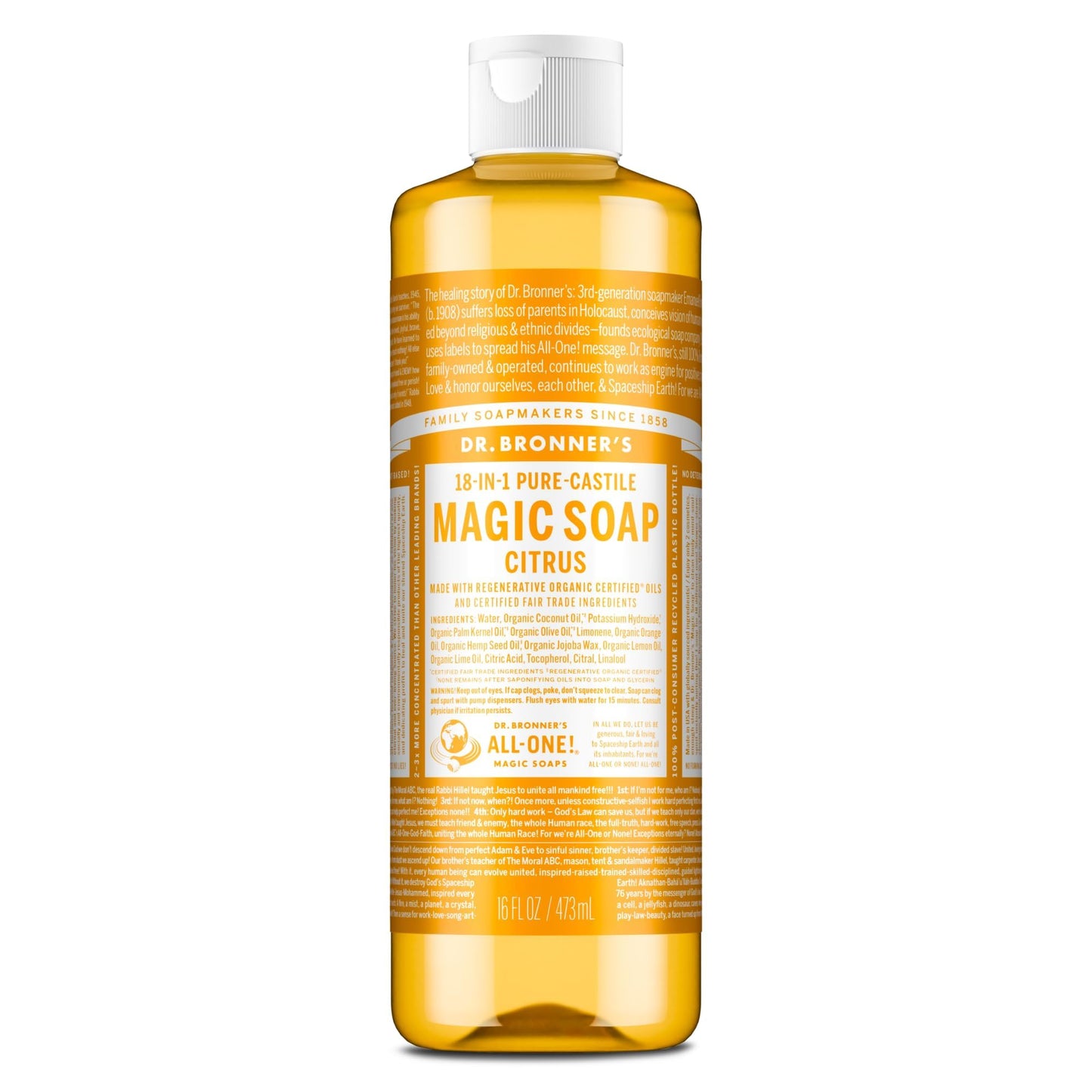 Dr. Bronner's Magic Soap-Pure-Castile Liquid Soap (Citrus, 16 oz, 1-Pack) - Made with Regenerative Organic Certified Oils, 18-in-1 Uses: Body, Hair, Laundry, Pets & Dishes, Concentrated, Vegan