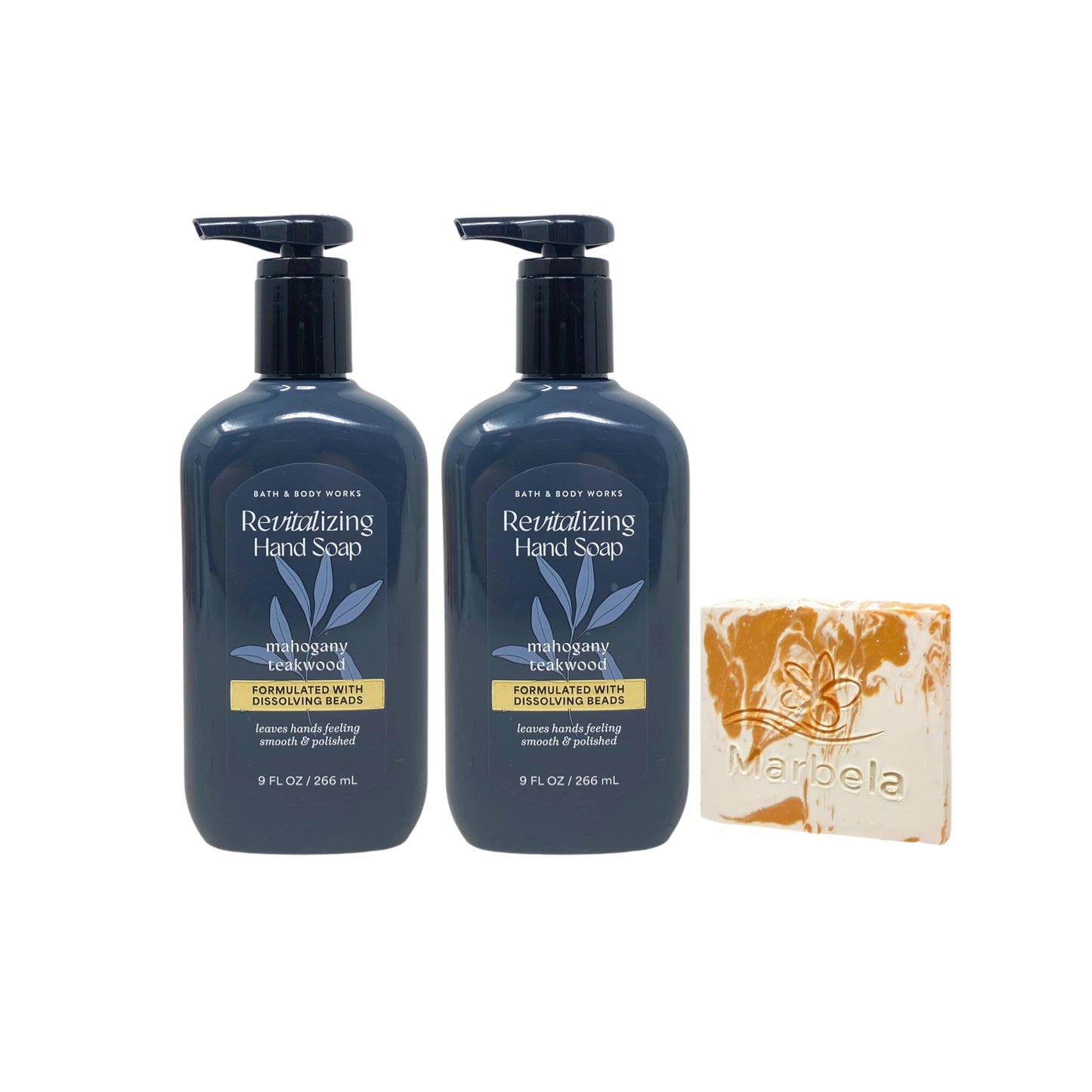 Bath & Body Works Mahogany Teakwood 2 Revitalizing Gel Hand Soap with a Peach Gardenia Sample Soap