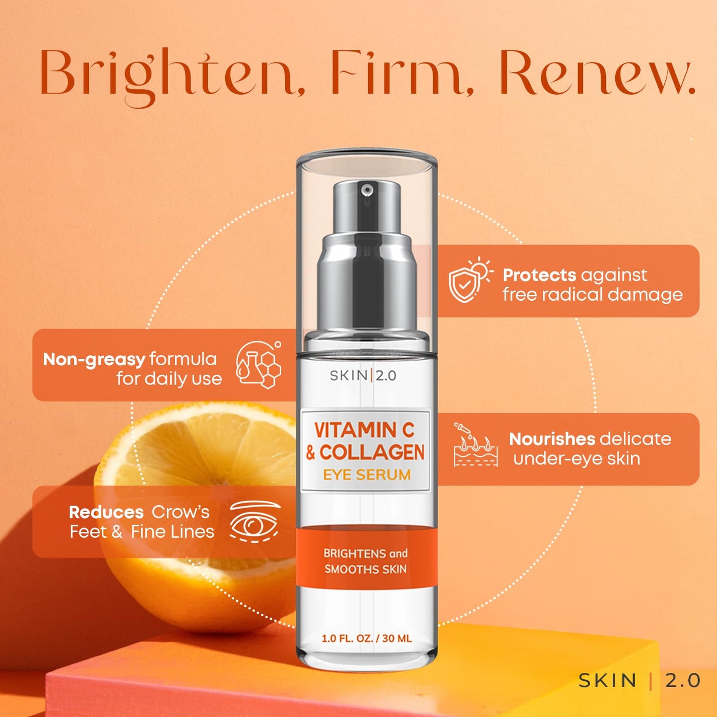 Skin 2.0 Vitamin C & Collagen Under Eye Serum – Dermatologist Tested, Anti Aging Korean Skin Care – Targets Dark Circles, Puffiness & Fine Lines for Smoother, Firmer Eyes – Vegan Clean Beauty, 1 fl oz
