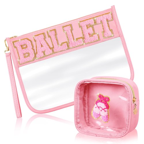 Hillban 2 Pcs Ballet Gifts Chenille Letter Bags Preppy Patch Makeup Bag Flat Clear Pouch PVC Organizer Purse Waterproof Travel Cosmetic Bag Portable Bag for Women (Ballet Theme)