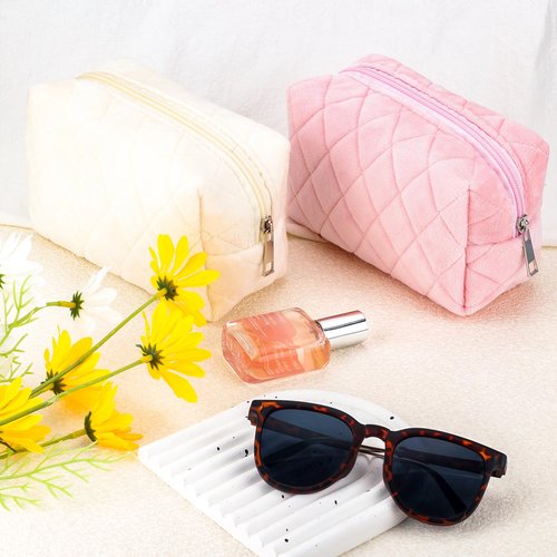 ZLFSRQ 2Pcs Makeup Bag for Women Travel Medium Pink White Cosmetic Bag Set Cute Argyle Preppy Makeup Pouch Purse Zippered Toiletry Bag Organizer Cute Y2K Trendy Aesthetic Makeup Brushes Storage Bag