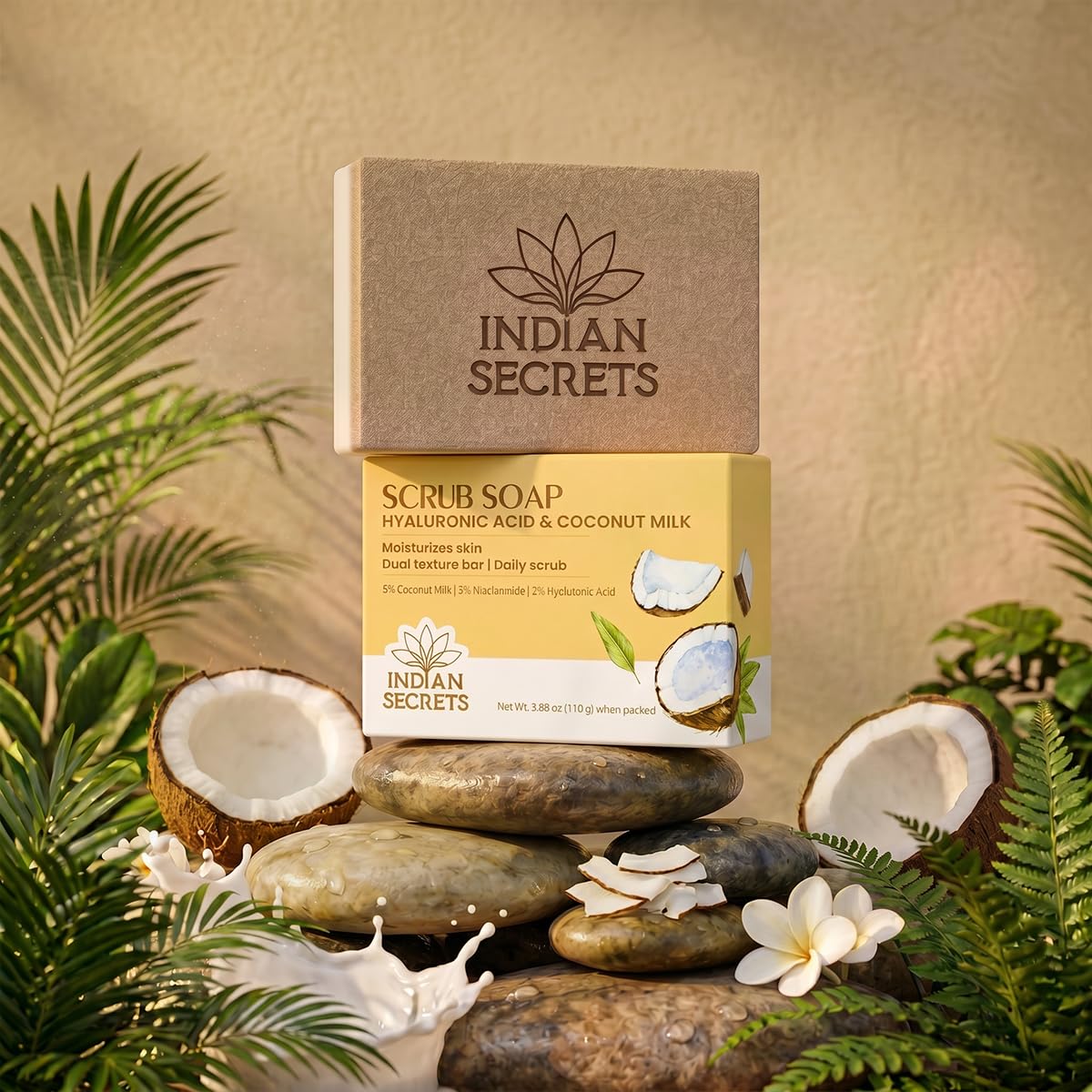 INDIAN SECRETS Scrub Soap with Hyaluronic Acid & Coconut Milk – Moisturizing Body Soap for Soft Skin – Enriched with Niacinamide, Hyaluronic Acid, Coconut Milk 110 g (Pack of 1)