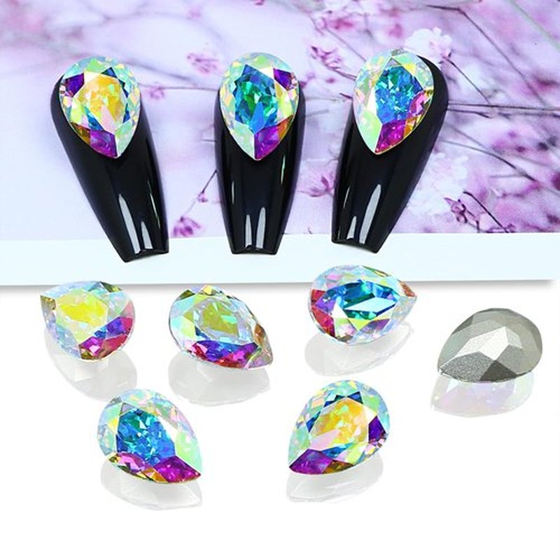 DONGZHOU 10Pcs Glass Nail Rhinestones Crystal AB Drop Shape 10 * 14mm Gems Stones Glass Pointed Back Rhinestone Diamonds Gems for Nail Art Decorations