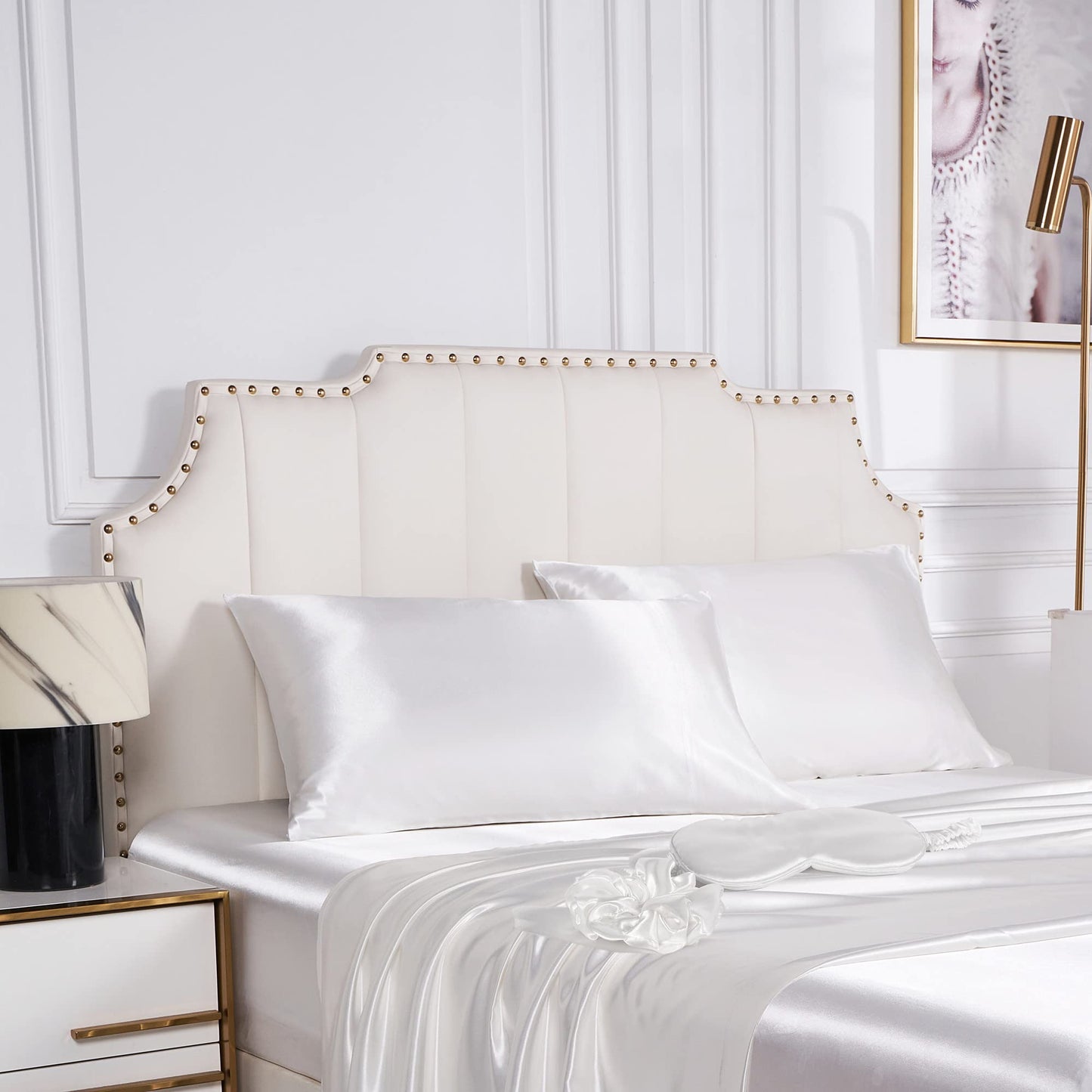 URLINENS Satin Pillowcase for Hair and Skin, Vegan Silk Pillowcase Set-2 Ivory Satin Pillowcases Queen Size, 1 Eye Mask, 1 Scrunchie-Luxury Sleep Set, White Pillow Cases with Envelope Closure