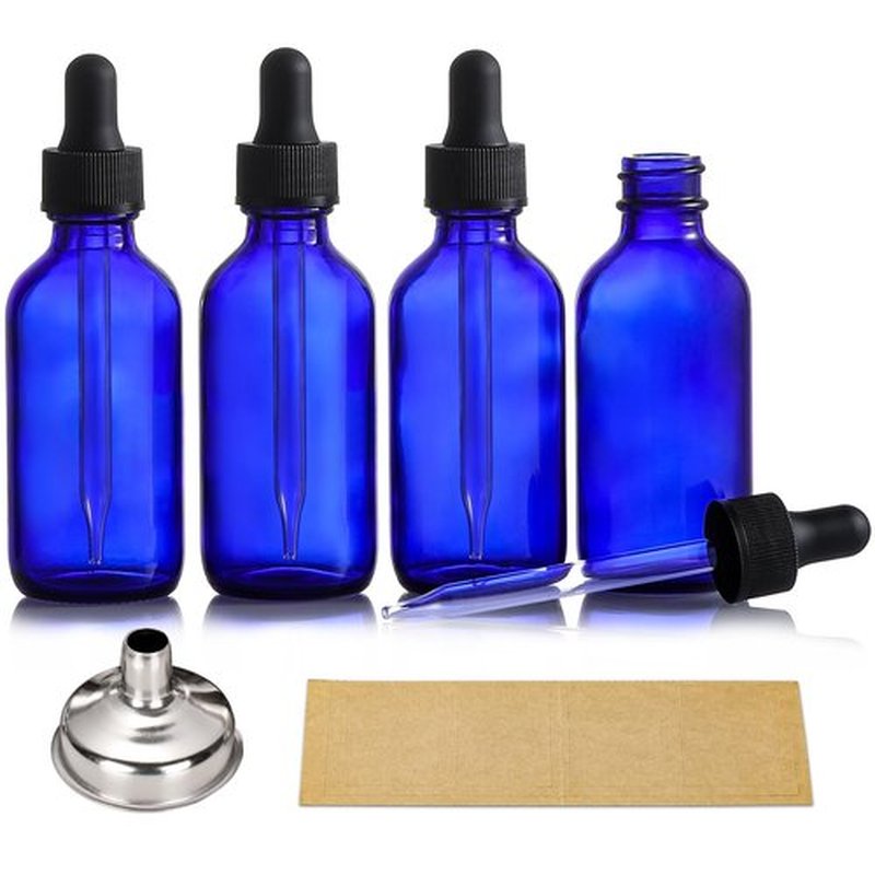 AOZITA 4 Pack, 2 oz Dropper Bottles with 1 Funnel & 4 Labels - 60ml Thick Dark Blue Glass Tincture Bottles with Eye Droppers - Leakproof Essential Oils Bottles for Health, Personal Care & Beauty