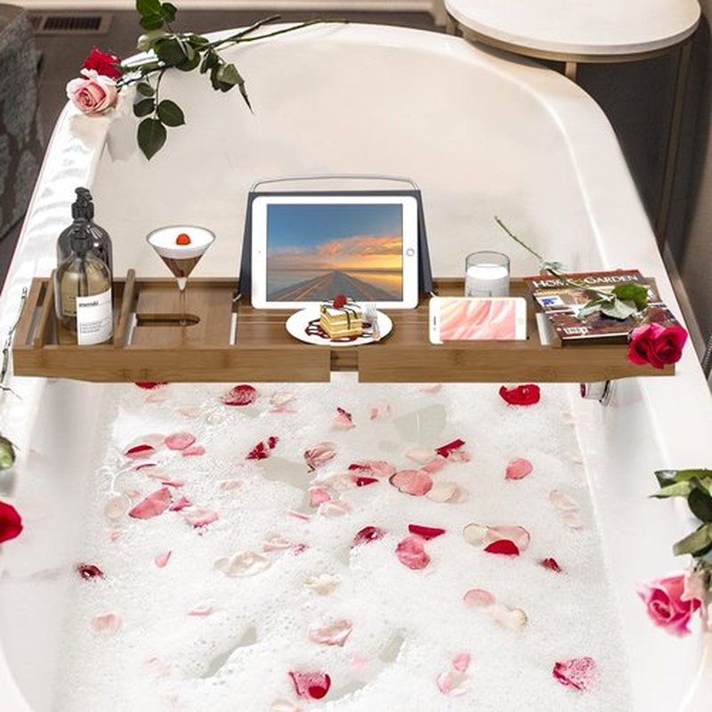 Domax Bathtub Caddy Tray Expandable Bamboo Bath Tub Tray for Luxury Bath with Book Holder Free Soap Dish Brown