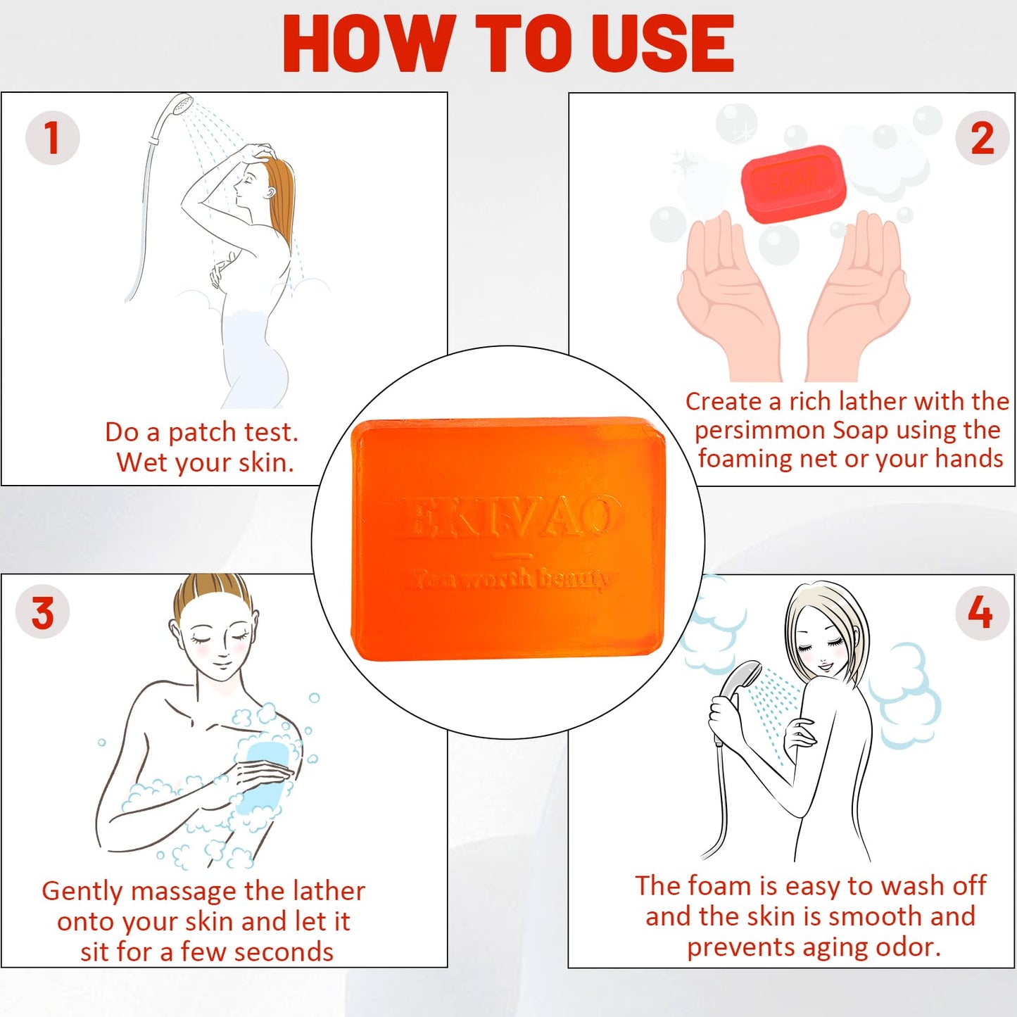 EKIVAO 6 PCS Persimmon Soap Bar for for Old People Smell, Natural Deodorant Body Bar Soap for Odor Control, Remove Strong Smell, Eliminating Odor Wash Soap for Women & Men