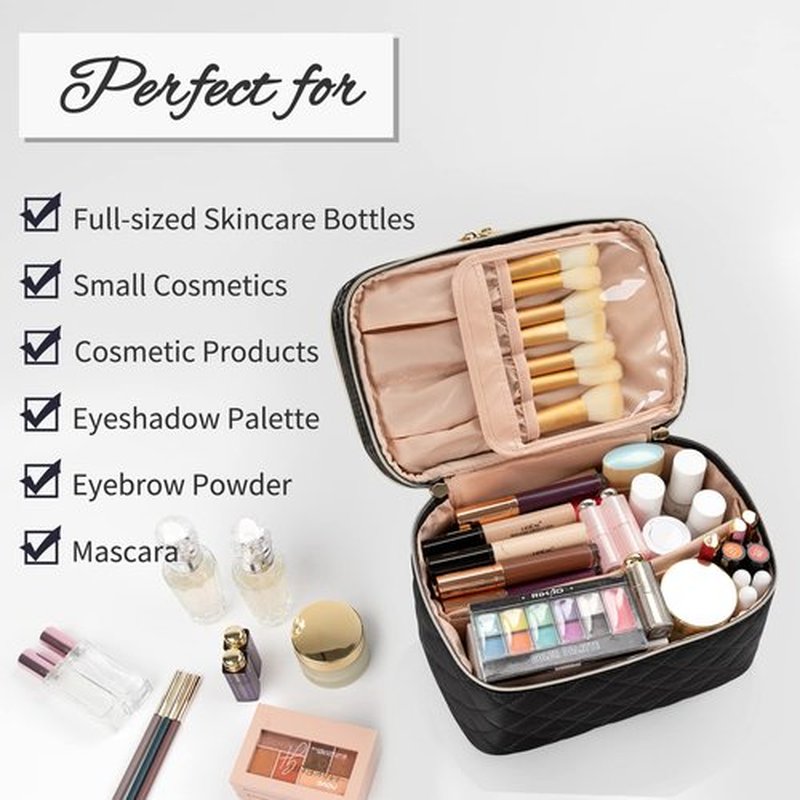 OCHEAL Makeup Bag, Double layer Cosmetic Cases Travel Makeup Organizer Toiletry Bags Large Make Up Bag For Women Girls with Adjustable Dividers and Brush Organize Area -Black Rhombus