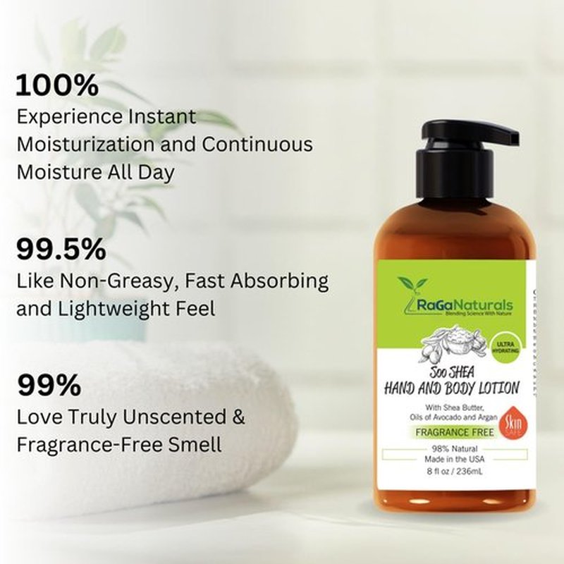 RaGaNaturals Natural Unscented Body Lotion for Dry Skin with Shea Butter and Vitamin E & B5 - Hydrating, Nourishing, Fragrance Free Hand Moisturizer With Organic Essence - For Women, Men, Kids - 8 Oz