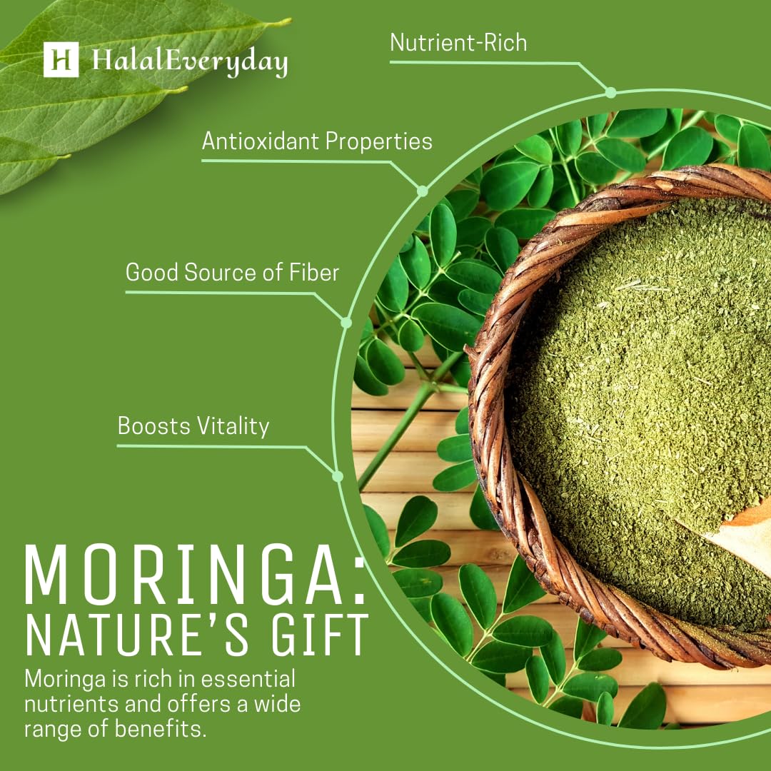 HalalEveryDay Moringa Leaf Powder, 100% Pure Vegan Supplement, Energy Booster, Ingredient for Multi-Vitamin Smoothies, 1lb / 16oz Bag