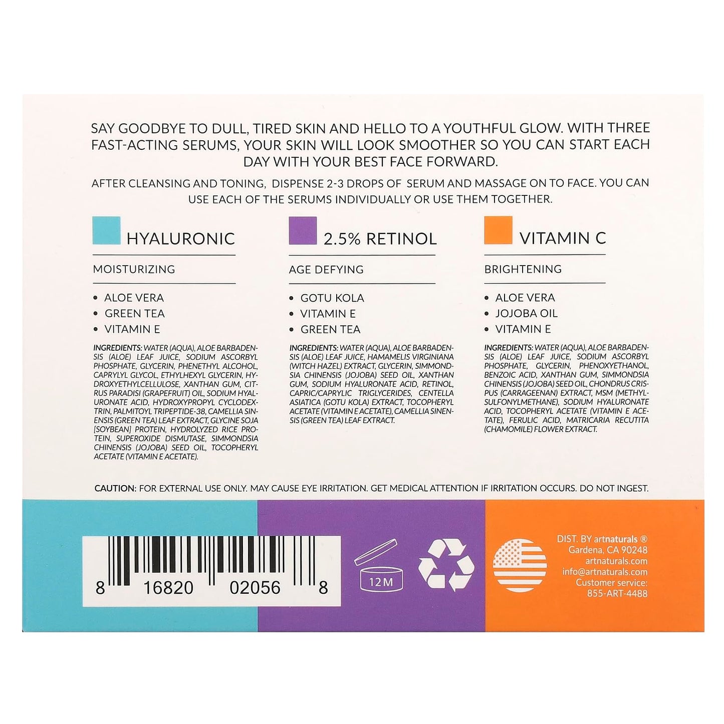 artnaturals Anti-Aging-Set with Vitamin-C Retinol and Hyaluronic-Acid - (3 x 1 Fl Oz / 30ml) Serum for Anti Wrinkle and Dark Circle Remover â€“ All Natural and Moisturizing,1 Fl Oz (Pack of 3)