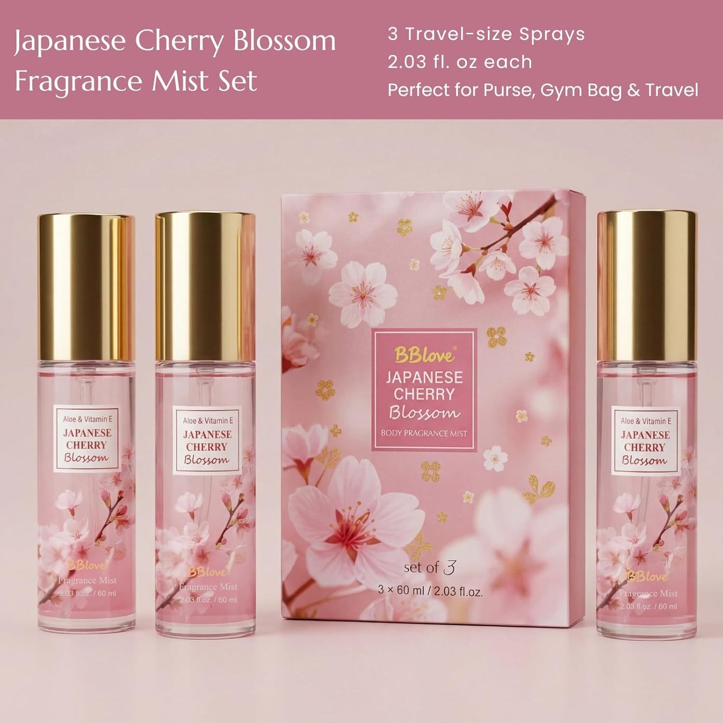 BBlove Body Mist Set for Women – Japanese Cherry Blossom Bath & Body Care, Body Spray 3 Pack (Travel Size 2.03 Fl Oz Each) – Floral Fragrance Gift Set for Mother's Day, Birthday & Holiday