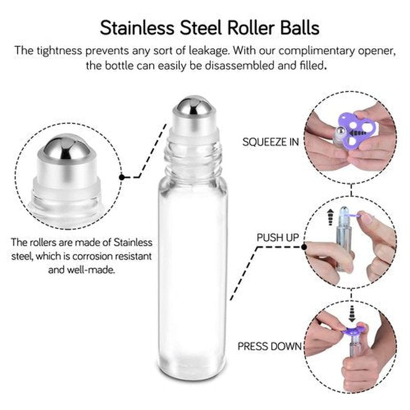 PrettyCare Essential Oil Roller Bottles 10ml (Clear Glass Bottle with Gold Cap, 12 Pack, 2 Extra Stainless Steel Balls, 24 Labels, Opener, Funnels for Oils, Roller on Bottles