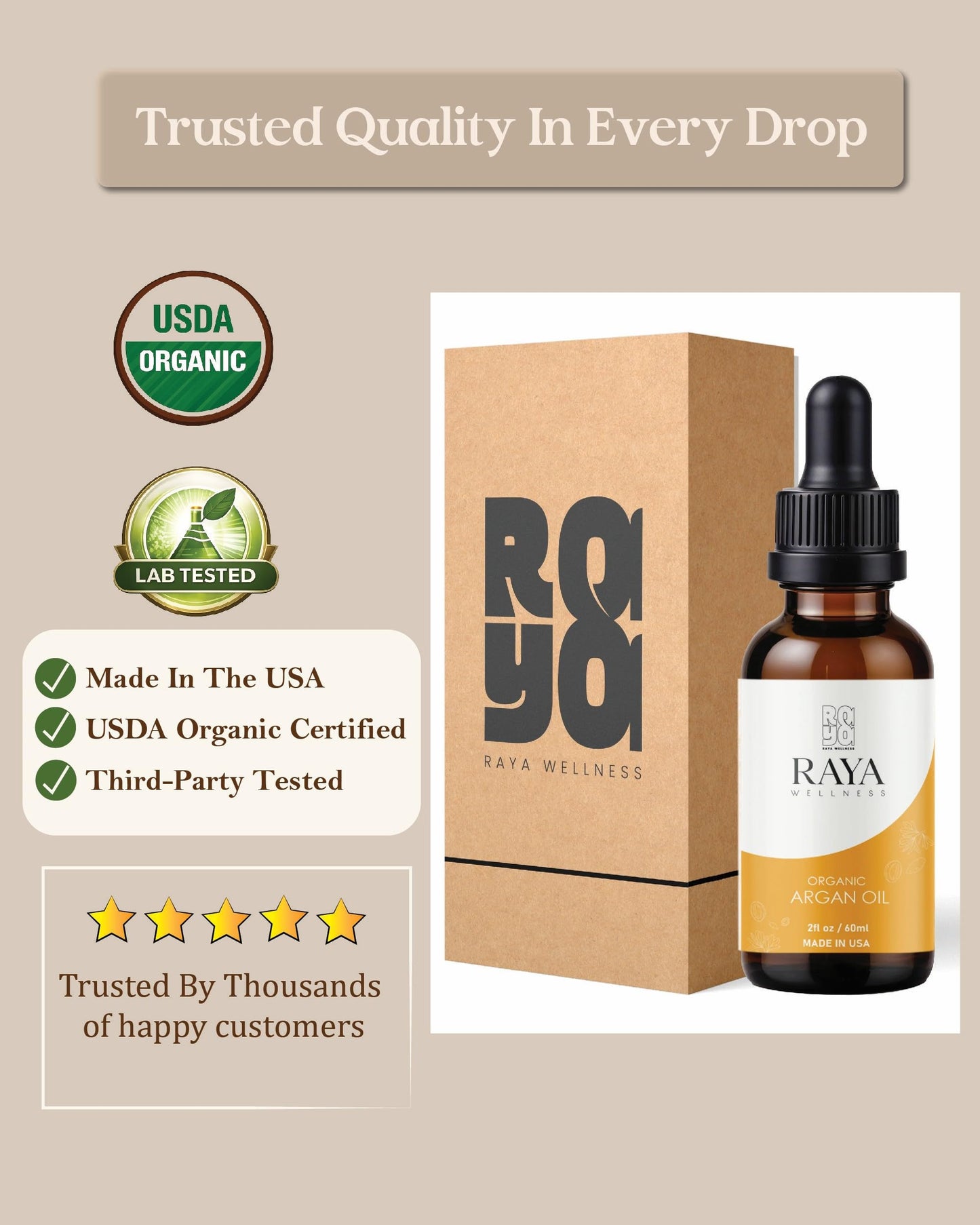 RAYA WELLNESS Organic Argan Oil – 2 fl oz (60 ml) | Cold-Pressed Carrier Oil for Hair & Skin | USDA Organic, Made in USA