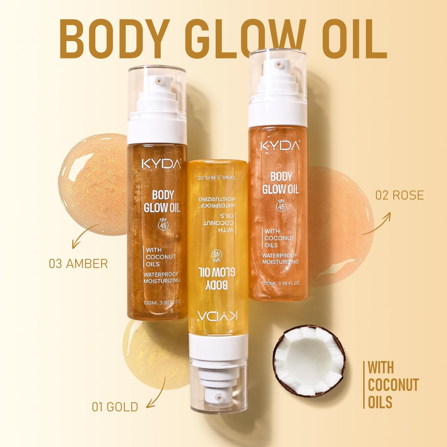 FREEORR Sunscreen Body Glow Oil, Broad Spectrum SPF 45, Lightweight Waterproof Moisturizing Coconut Shimmer Oil with Gold Mica, Travel Size Summer Sunscreen Skin Illuminator-GOLD, 3.38 fl oz