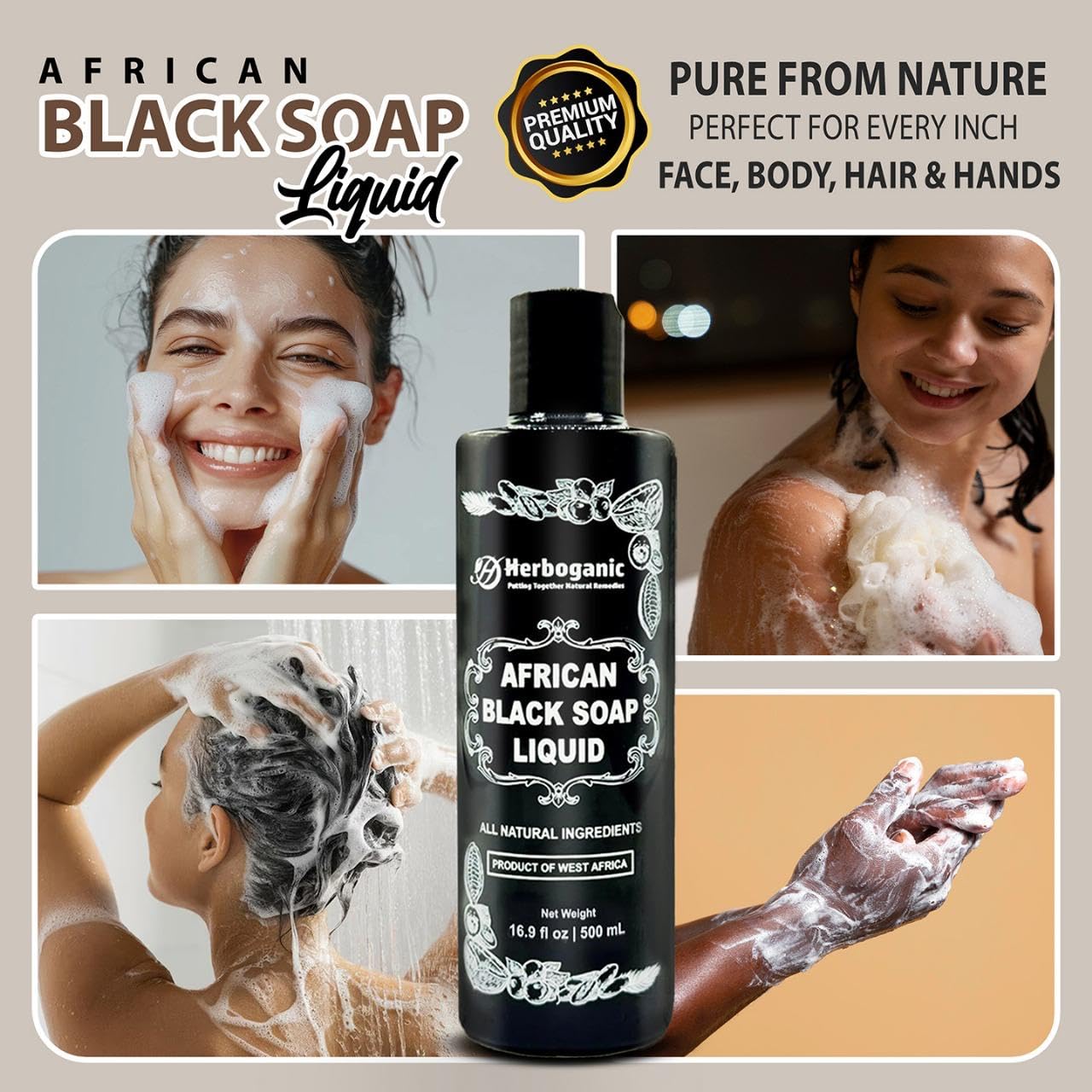 HERBOGANIC African Black Soap Liquid, Natural Liquid Soap From Ghana, Face & Body Wash Supports Moisturizing,Dry Skin, Scars and Dark Spots (16.9 fl oz)