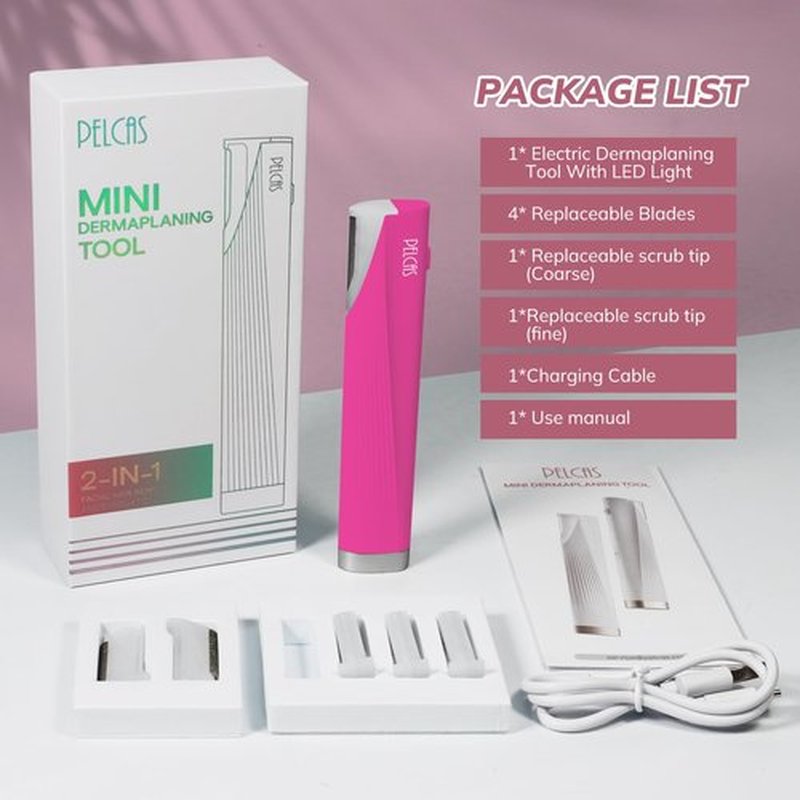 PELCAS Electric Dermaplaning Tool Kit with LED Light, Mini Face Dermaplaning Razor with 6 Replace Blades, Painless 3 Speeds Facial Peach Fuzz, Exfoliation & Hair Removal System for Women BV18-712