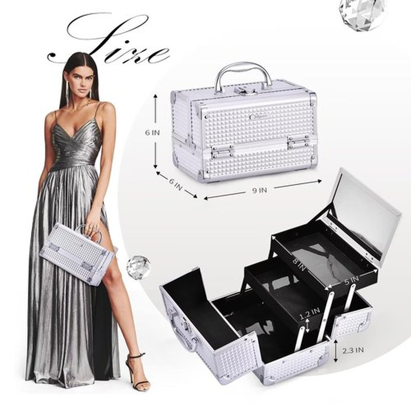 Joligrace Makeup Box Cosmetic Train Case Jewelry Organizer Lockable with Keys and Mirror 2-Tier Tray Portable Carrying with Handle Travel Storage (Classic Silver)