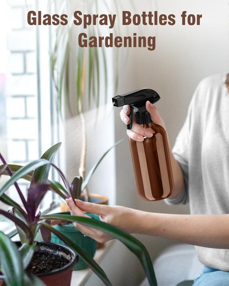 Bontip Glass Spray Bottle, Amber Glass Spray Bottle Set & Accessories for Non-toxic Window Cleaners Aromatherapy Facial Hydration Watering Flowers Hair Care (2 Pack/8 oz) (Amber)
