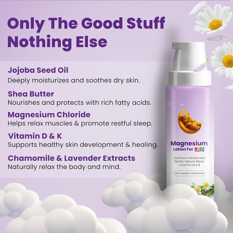 Magnesium Lotion for Kids - Calming Sleep & Relaxation Moisturizer with Lavender & Chamomile | Hydrating Relief for Peaceful Nights