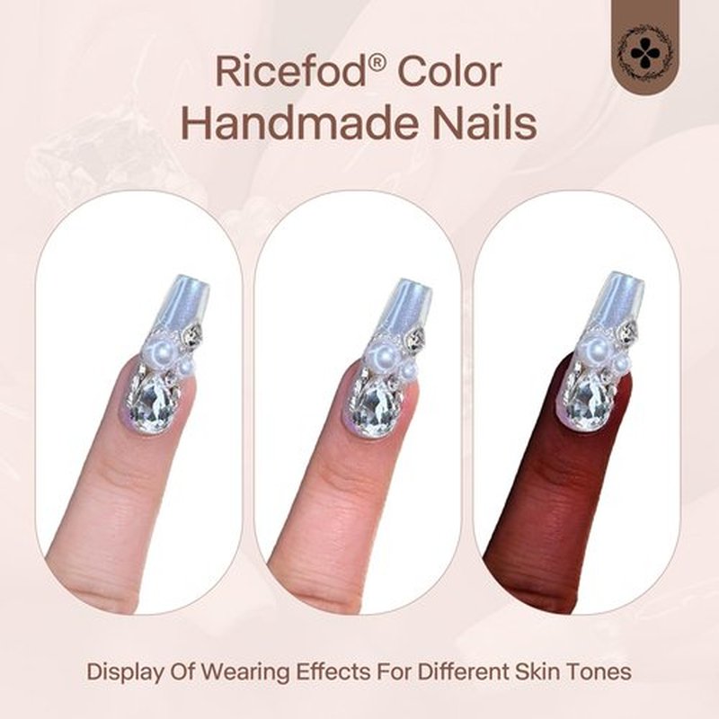 Ricefod Press on False Nails Handmade Shining Silver Fake Nails with Luxury Diamonds 10 Pcs Reusable Nails Press on Nails Coffin Suitable for Wedding, Size:Small
