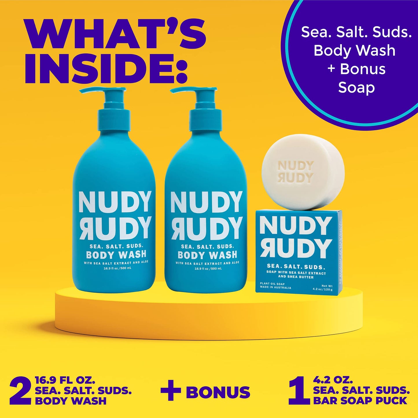 Nudy Rudy Sea Salt Suds 2 Pack, Liquid Body Wash Bundle with Bonus Soap Bar, Aloe Vera and Vitamin E, Moisturizing Shower Gel and Hand Soap for Men and Women 16.9 fl oz and 4.2 oz