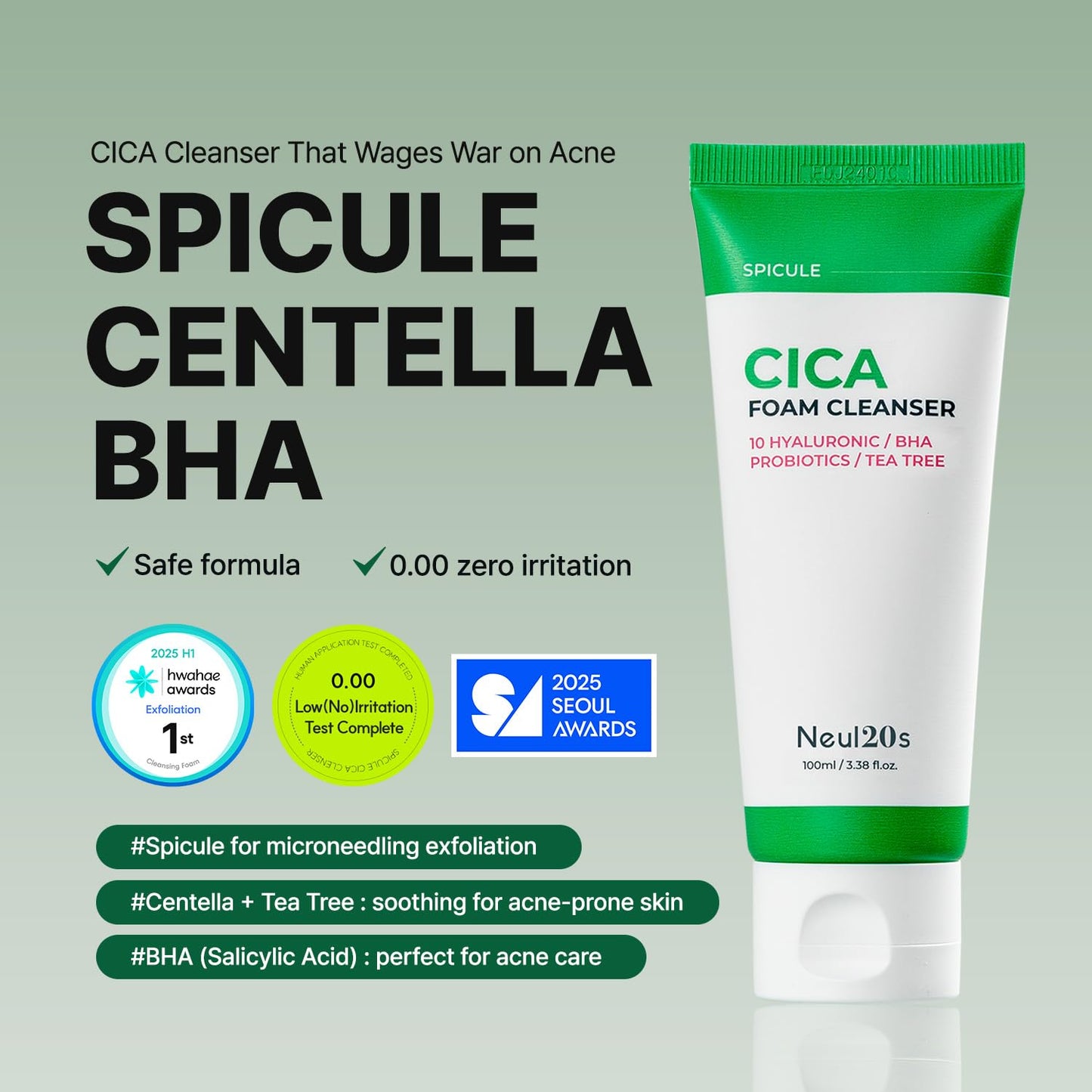 NEUL20S Spicule CICA Foam Cleanser, 3.38 fl oz/100ml | Hydrating Korean Face Wash with Centella Asiatica, Hyaluronic Acid & Tea Tree, Gentle Daily Cleanser for Sensitive & Acne-Prone Skin