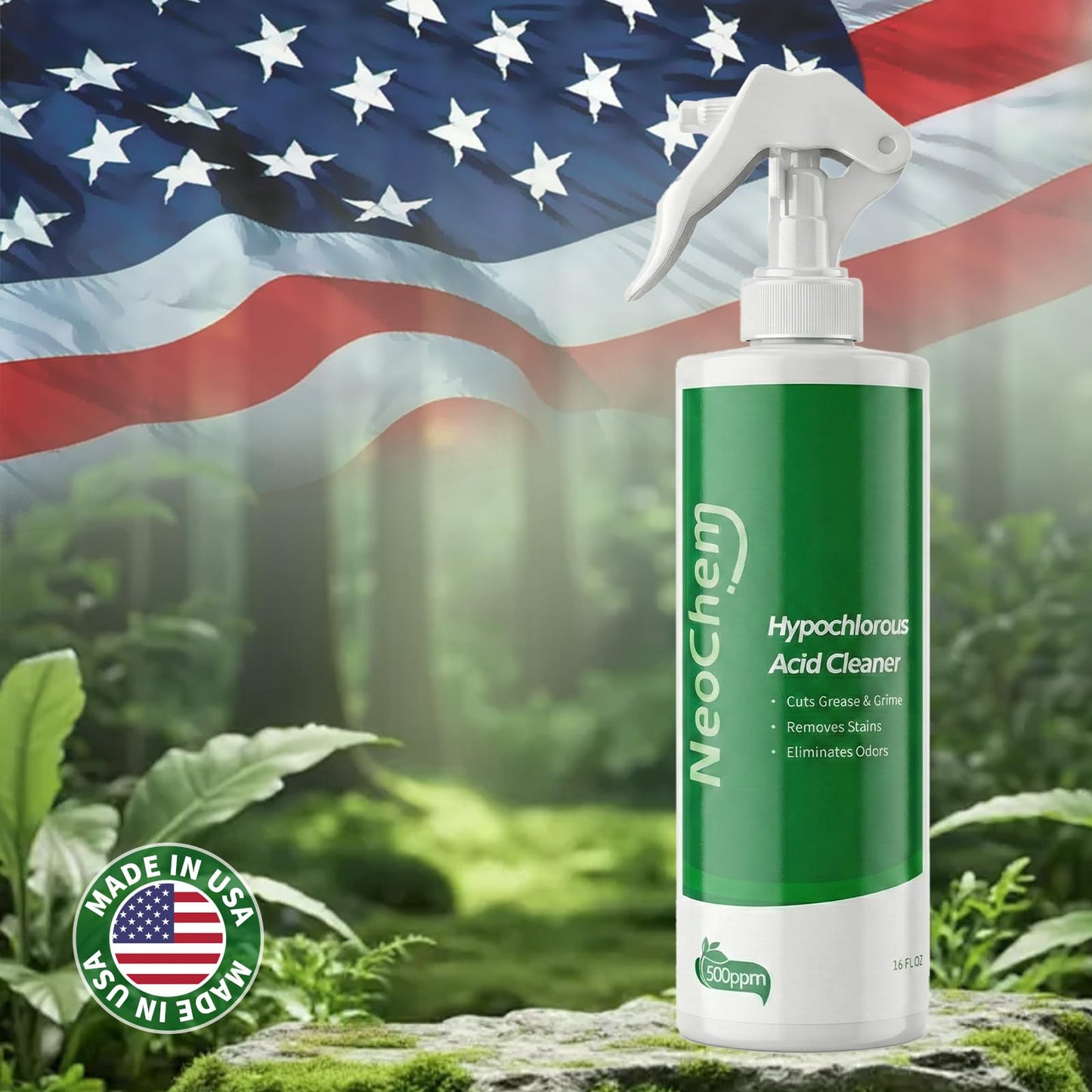 NeoChem Hypochlorous Acid Spray For Cleaning, 500ppm Hypochlorous Acid,Cuts Grease, Removes Stains, Eliminates Odors - No Rinse, No Harsh Fumes, Biodegradable