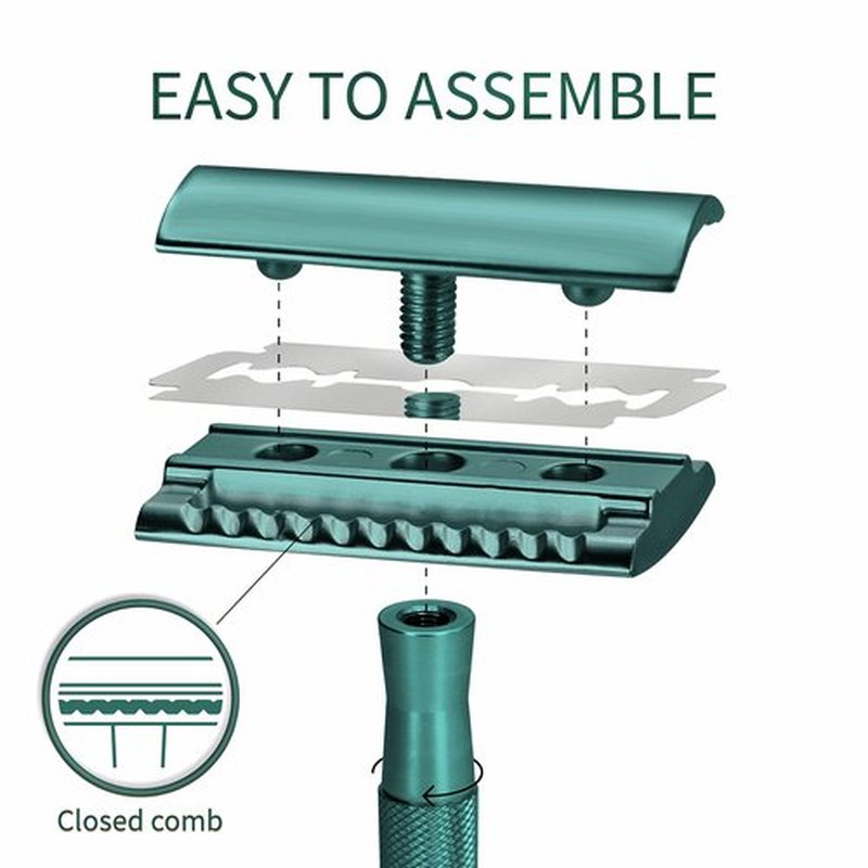 Bambaw Men Safety Razor with 5 Double Edge Safety Razor Blades, Single Blade Razor for Men & Women, Plastic Free Metal Razor – Sea Green