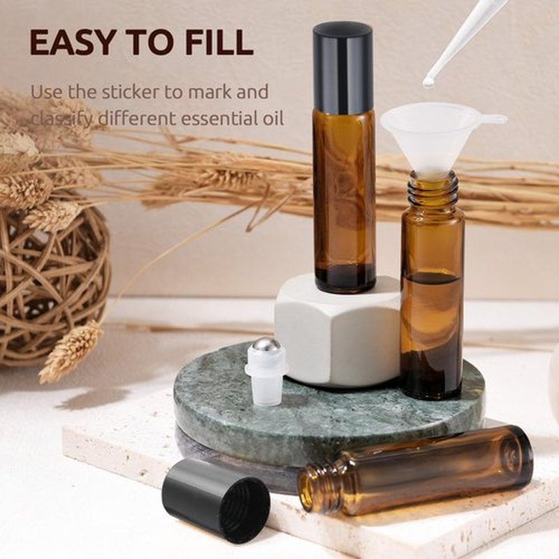 bofessor 8 Pack Essential Oil Roller Bottles, 10ml Amber Glass Roll on Bottles, Stainless Steel Roller Ball, Opener, Plastic Pipettes, Funnel, 8 Stickers, Refillable Container for Perfume