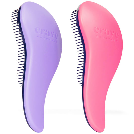 Crave Naturals Glide Thru Detangling Brush for Adults and Kids - Detangler Hair Brush for Curly or Straight, Wet or Dry Hair - Gentle on Tangles Hair Comb - 7.5x3-Inch, Pink and Purple (Pack of 2)