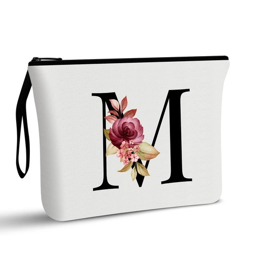 Vavabox A-Z Personalized Makeup Bag,Birthday Gifts for Women Mom,Gifts for Best Friend,Bride Bridesmaid Cosmetic bag (M, White)