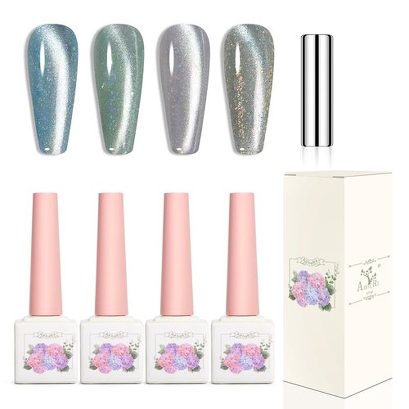Adhere 4Pcs 12ML Glitter Sequins Cat Eye Soak Off UV LED Gel Nail Polish,Iridescent Aurora Flowing Sand Mica Crystals,Sparkling Diamond Magnetic Shining Jewel Shine Color with Magnet