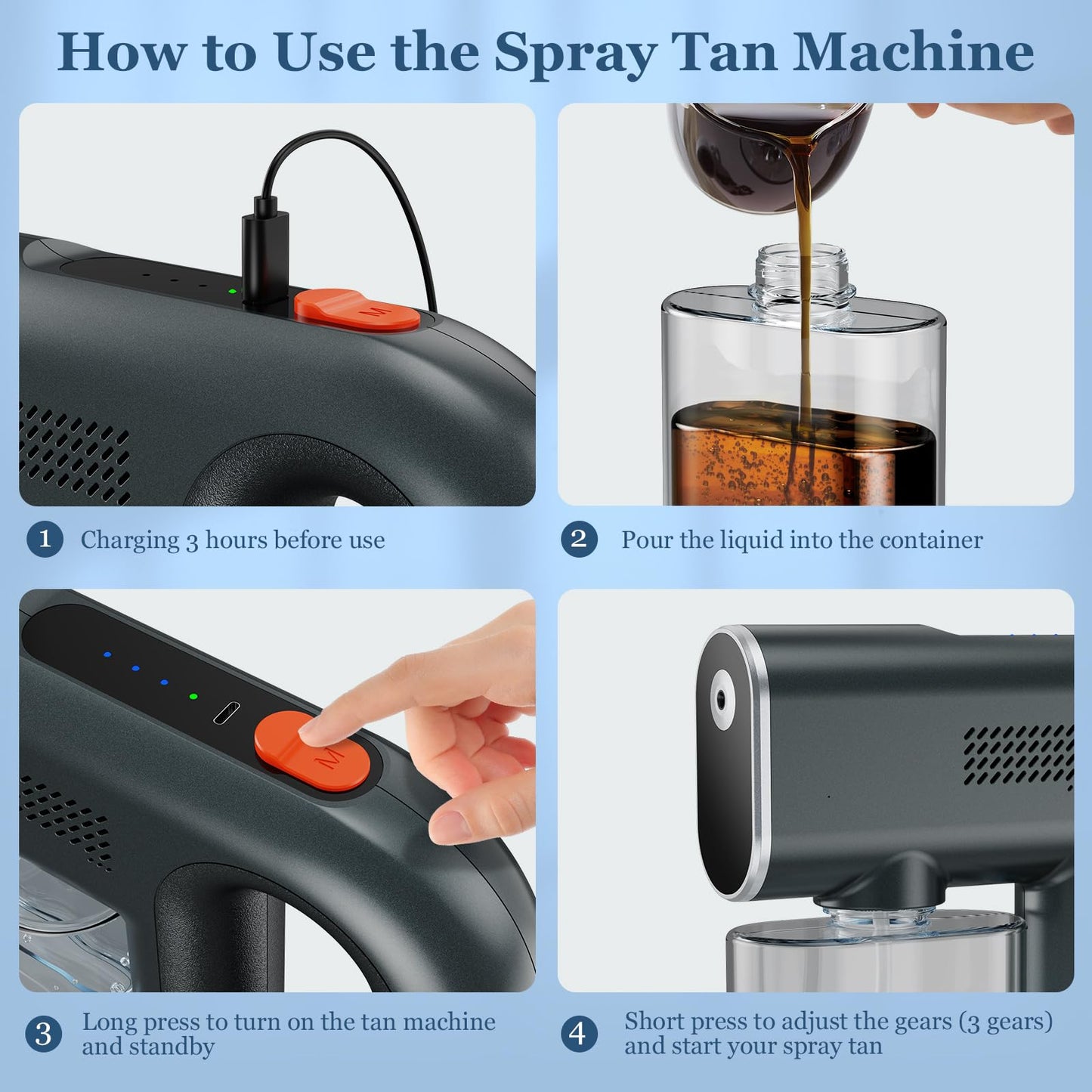 Portable Spray Tan Machine, Spray Tan Gun, Even Atomization, Adjustable Three Different Strength Spray Levels, Type-C Charge Handheld Spray Tanning Gun For Travel Salon Beach Home Mobile Use Dark Grey