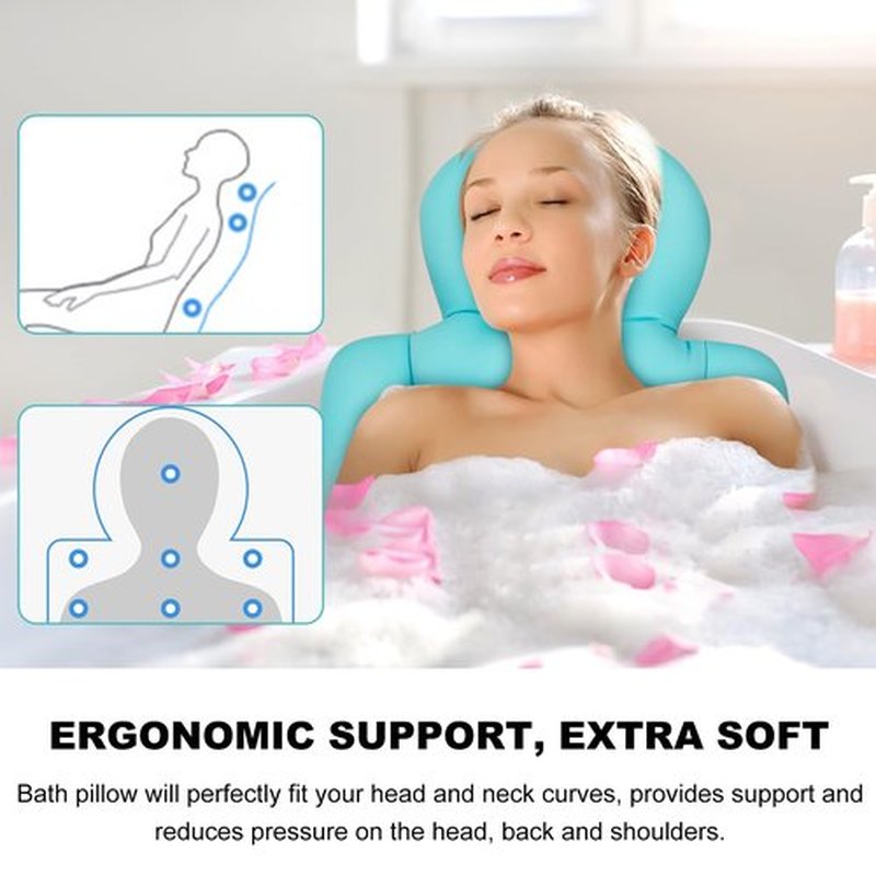 Bath Pillow Bathtub Pillow, Bath Pillows for Tub with Mesh Laundry Bag & Non-Slip Suction Cups, Spa Cushion for Head, Neck and Back Support | Ocean Blue
