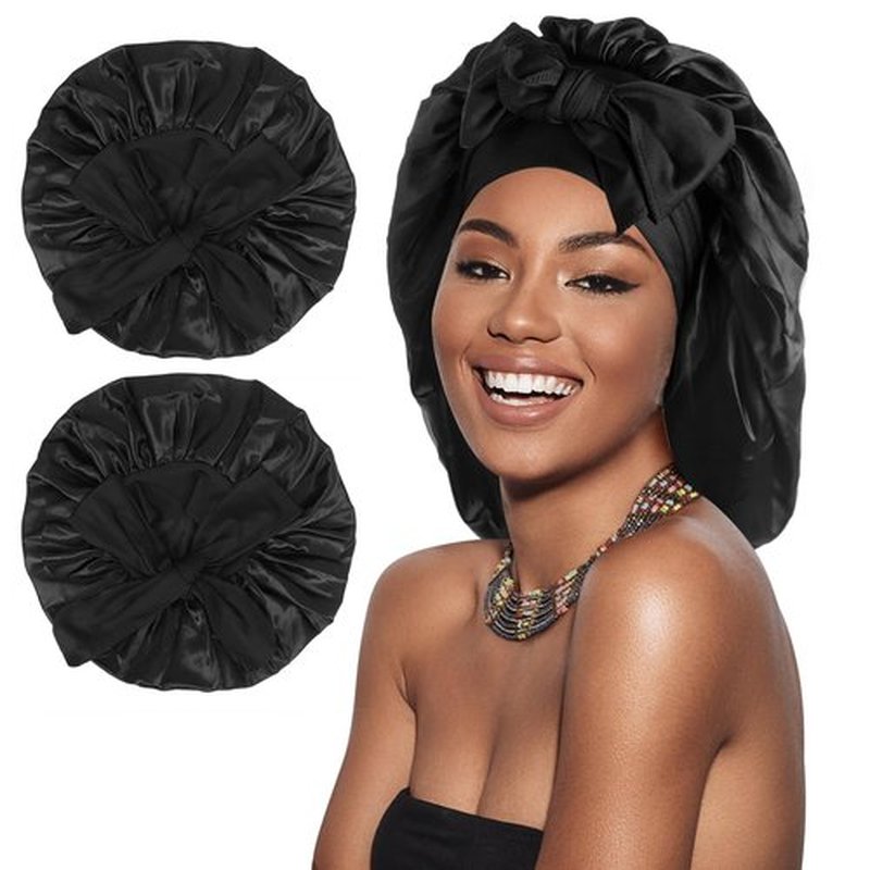 Arqumi 2 Pcs Satin Sleeping Bonnet, Large Satin Sleep Bonnet with Long Strap Tie Band, Adjustable Sleep Night Cap Hair Bonnet for Women & Men, Black+Black