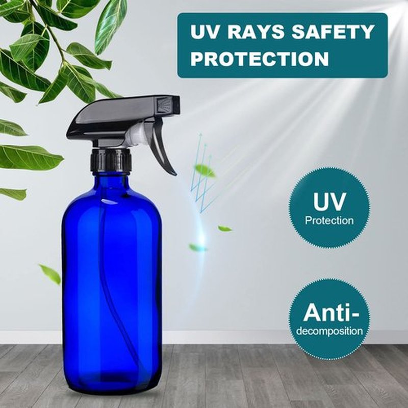 HAOERMEI 16 oz Blue Glass Spray Bottles - 2 Pack Refillable Empty Bottle for Cleaning Solutions, Essential Oils, Plants, Hair Mister - with Pump,Labels &Funnel, Dropper (Blue-2PACK)
