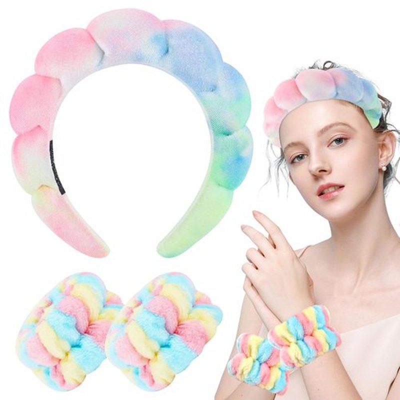 Zkptops Spa Headband for Washing Face Wristband Set Sponge Makeup Skincare Velvet Fabric Bubble Soft Get Ready Hairband for Women Girl Puffy Padded Headwear Non Slip Thick Hair Accessory(Tie Dye 2)