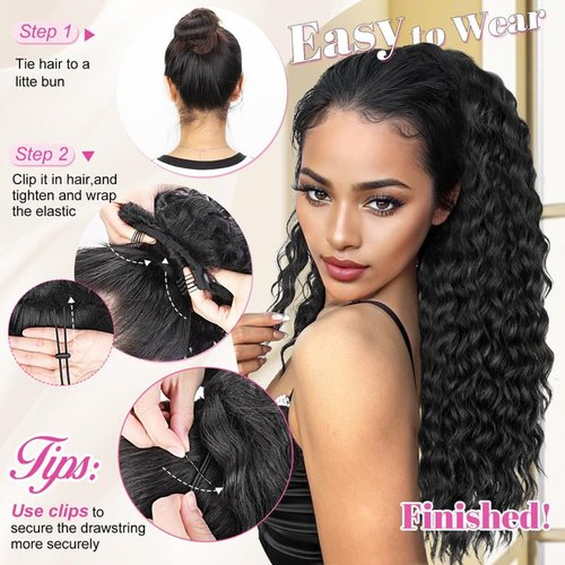 ALXNAN Wavy Curly Ponytail Extension, Long Soft 22" Black Drawstring Ponytail for Black Women Natural Synthetic Hairpiece Thick For Daily Use