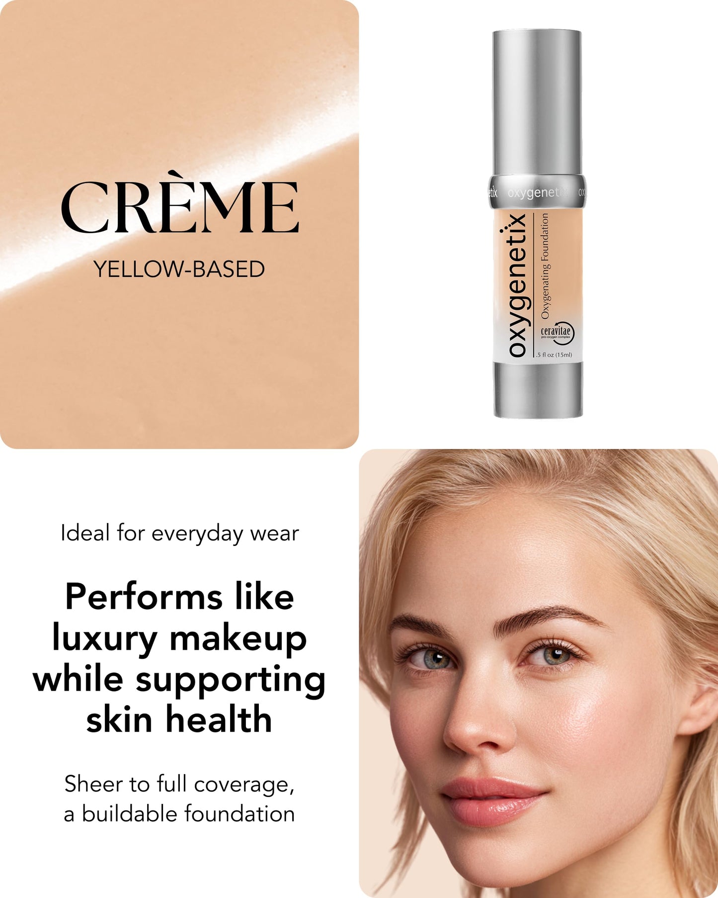 Oxygenetix Oxygenating Foundation – Crème | Breathable Makeup for Face | Buildable Coverage with Weightless Feel | Longwear Foundation for Women | Safe for Sensitive or Laser-Treated Skin
