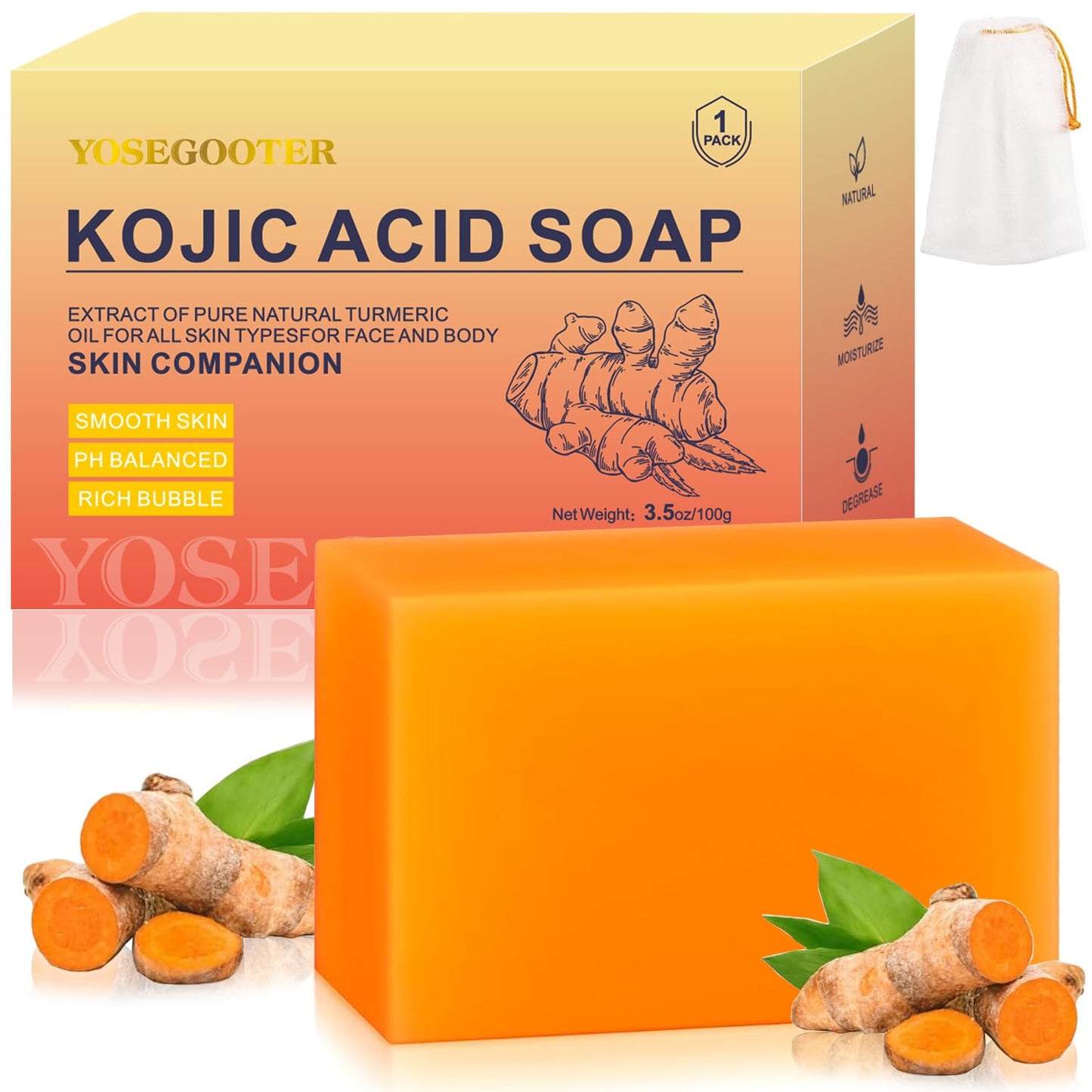 YOSEGOOTER Turmeric Kojic Acid Soap Bars, Face&Body Dark Spots Remover, Turmeric Soap Bar for Dark Spots Brightening & Moisturizing with Collagen, Vitamin E, Retinol, Hyaluronic Acid, Shea Butter
