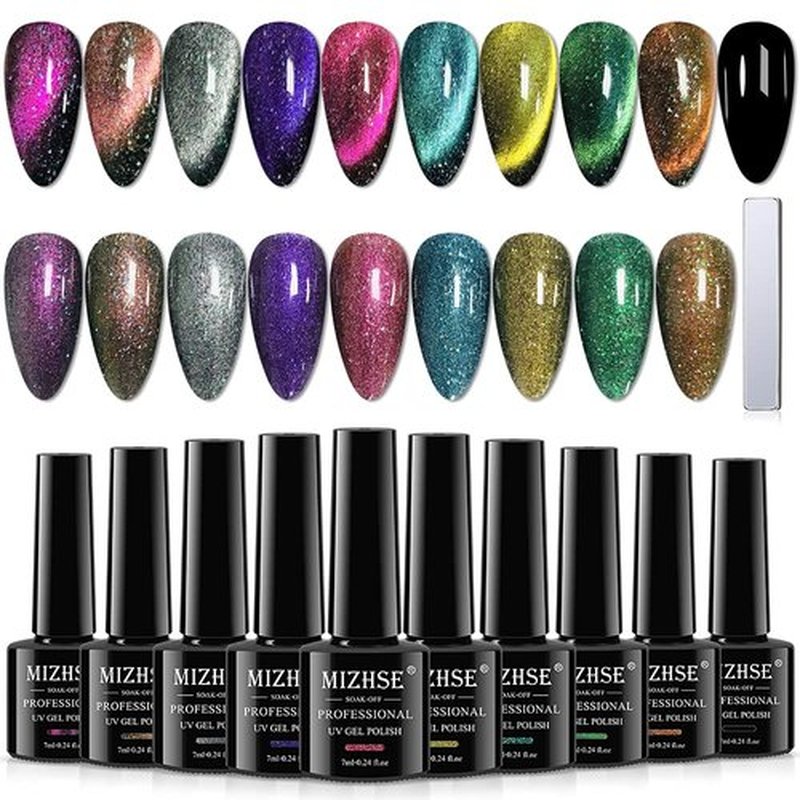 MIZHSE Cat Eye Gel Nail Polish 10 Colors, Magnetic Gel Polish Set with Magnet Stick Black Gel, Holographic Shimmer Galaxy Effect Cat Eye Nail Gel Soak Off Nail Art Manicure Kit Gift for Women