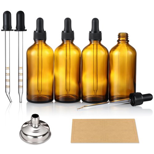 4 Pack, 4oz Amber Glass Dropper Bottles Plus 2pcs Graduated Calibrated Glass Pipettes (1ml)- 120ml Dark Brown Tincture Bottles with Eye Droppers for Essential Oils, Liquids - Leakproof Travel Bottles