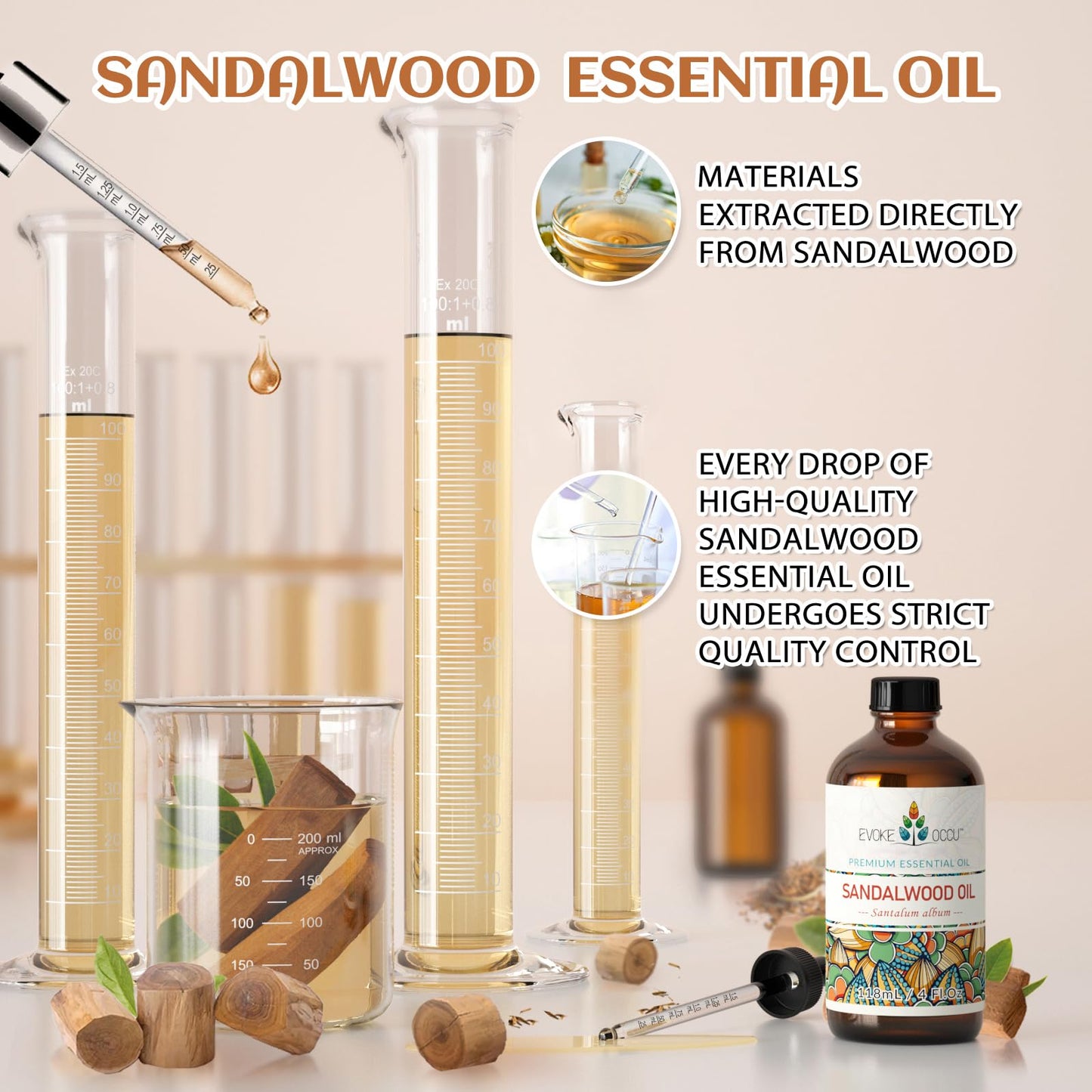 EVOKE OCCU Sandalwood Essential Oils for Skin Care, Diffuser, Perfume, Candle and Soap Making - 4 FL Oz