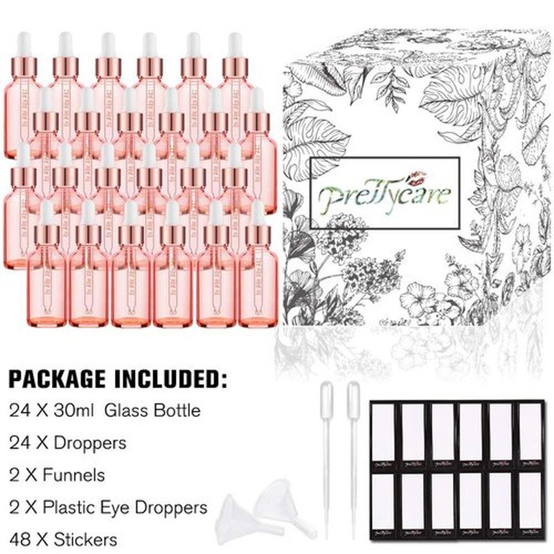 PrettyCare 1 oz Eye Dropper Bottle (24 Pack Rose Glass Bottles 30ml with Measured Pipettes, Golden Caps & 48 Labels, Funnel) Empty Tincture Bottles for Essential Oils, Perfume Pink