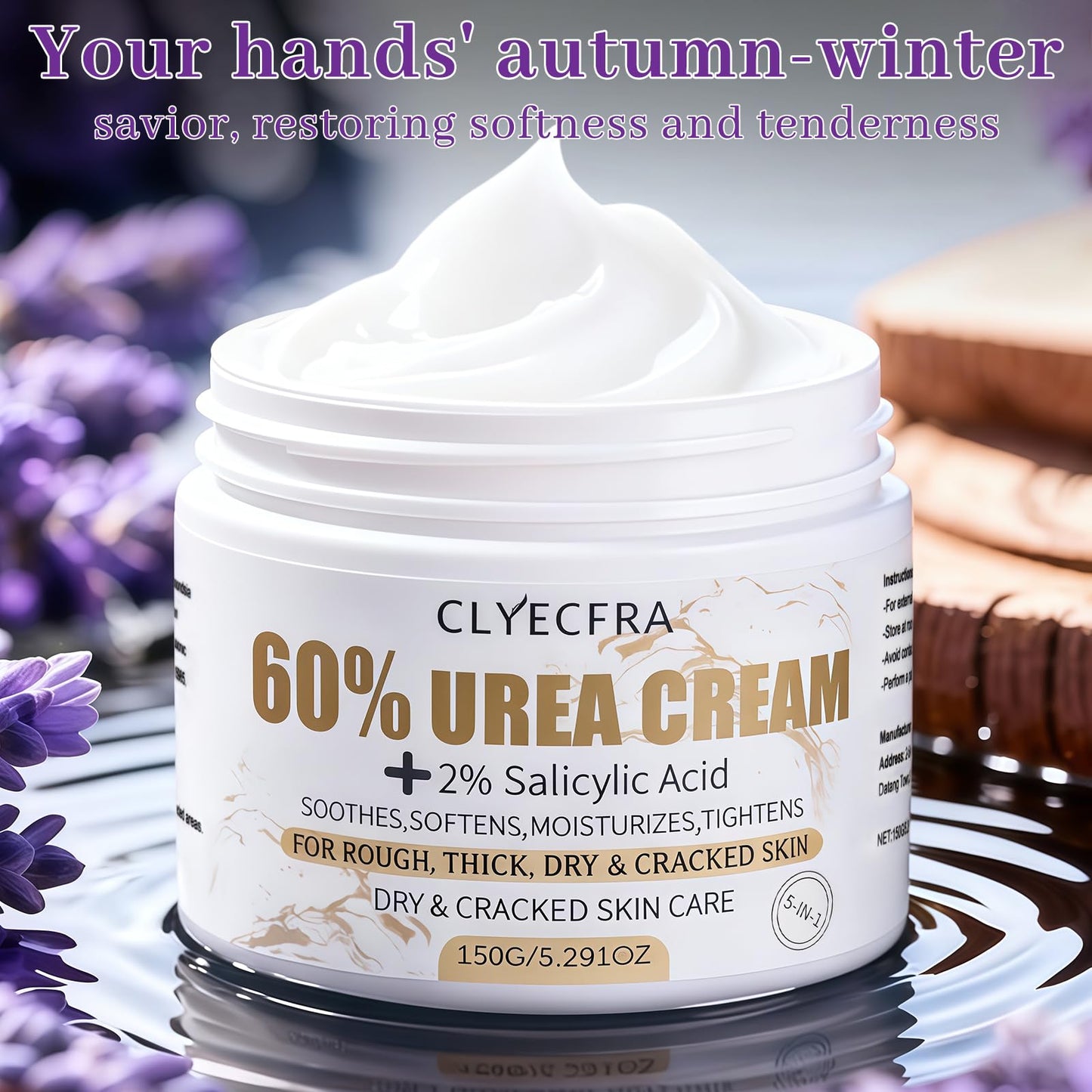 Clyecfra 5-in-1 60% Urea Cream with 2% Salicylic Acid, Urea Cream 60 Percent for Feet & Hands- Maximum Strength Moisturizer for Rough, Dry, Thick & Cracked Skin, Callus Remover, Deep Hydration, 150g