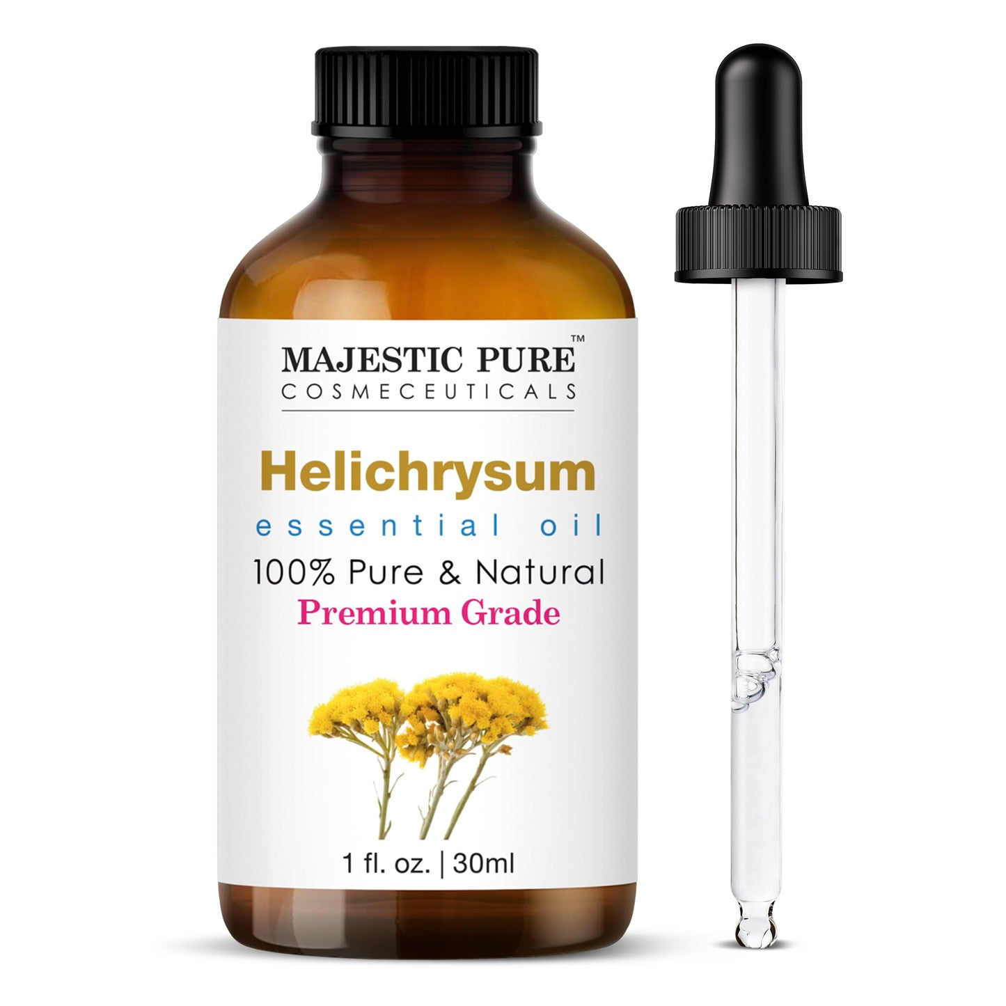 Majestic Pure Essential Oil with Glass Dropper - 100% Pure and Natural - Essential Oils for Diffuser, Aromatherapy, Soap and Candle Making, Helichrysum Essential Oil, Helichrysum Oil, 1 Fl Oz